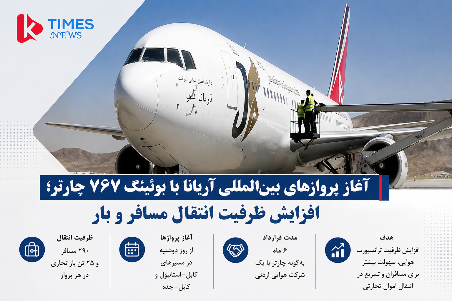 شرکت هوایی آریانا افغان اعلام کرده است که یک فروند هواپیمای چارتر نوع بوئینگ ۷۶۷-۲۰۰ با موفقیت وارد میدان هوایی بین‌المللی کابل شده است.